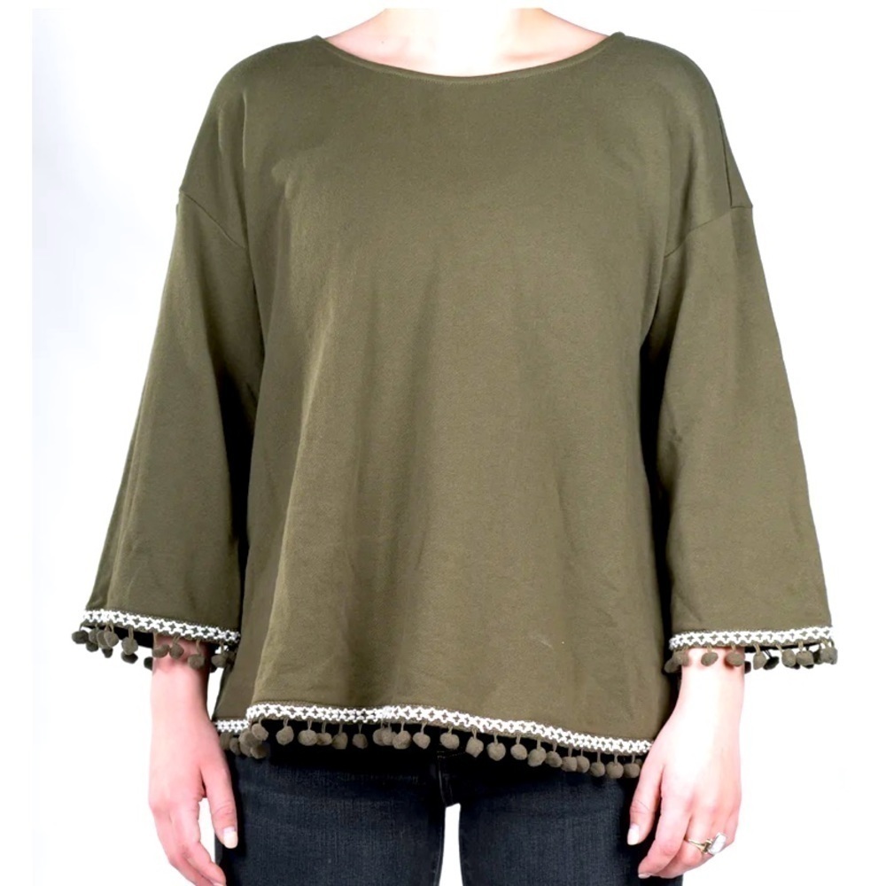 LOFT Lounge wear hunter Green Pom Pom Bell Sleeve Sweatshirt medium women’s boho